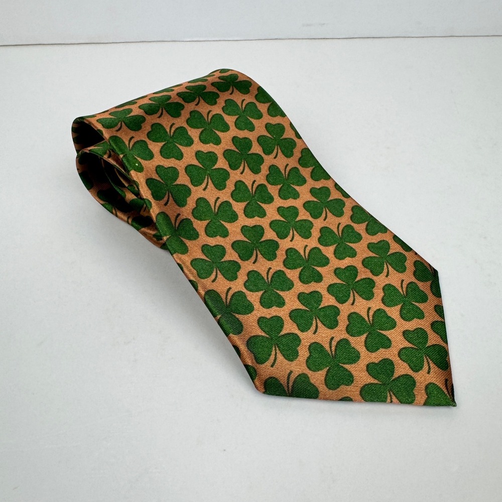 Irish St Patrick Pattys Day Green Clover Tan Gold Neck Tie Novelty Polyester